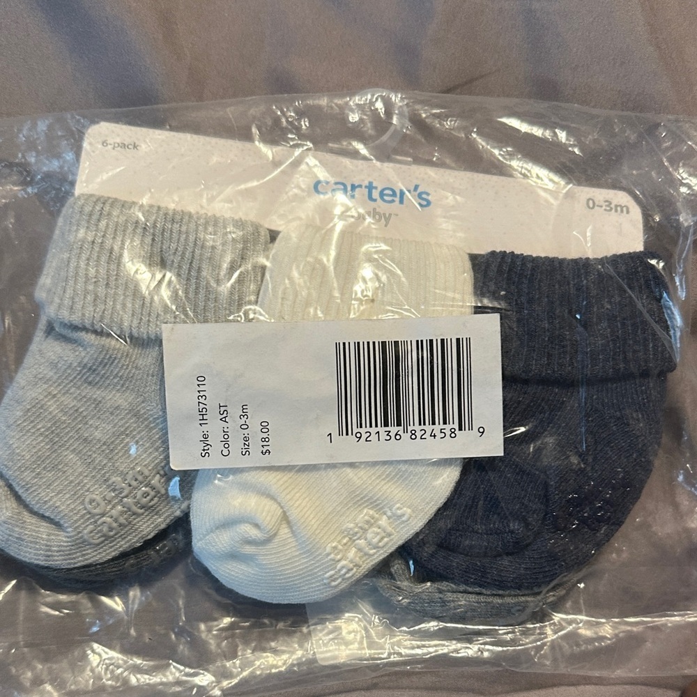 Carter's Baby 6 Pack Neutral Socks - Gray, White, Navy 0-3 m - Picture 2 of 3